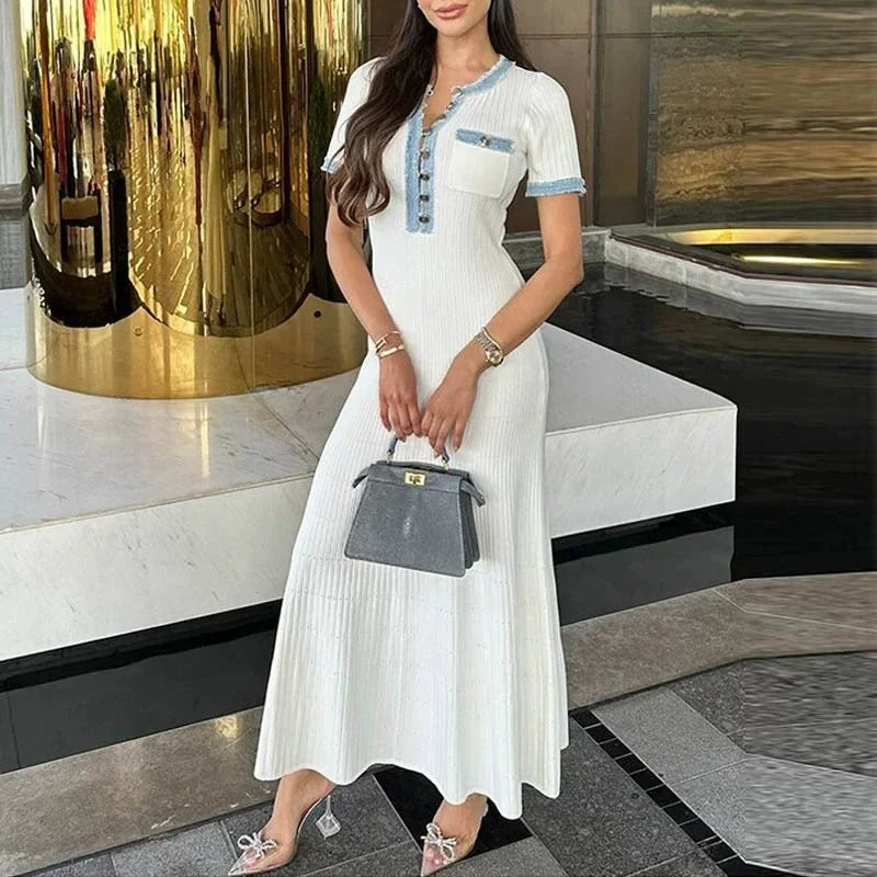 Slimming Knitted Dress Denim Patchwork Short Sleeve Maxi Skirt Design Brand Sense Long Dress Ankle Length Empire Waist
