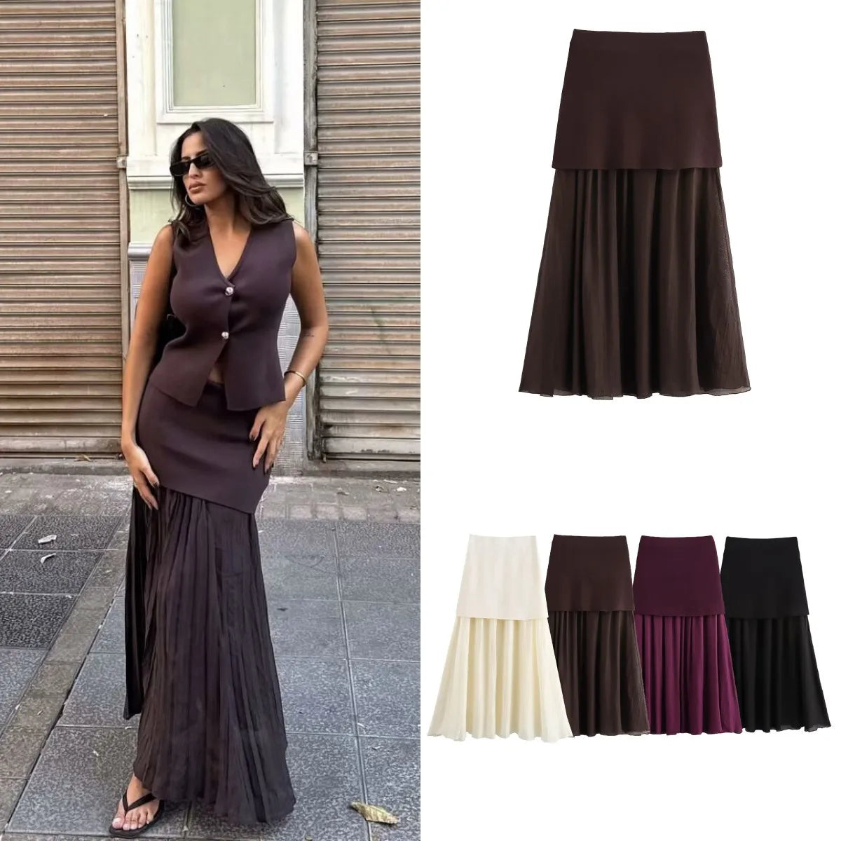 ETJ 2025 spring new TRAF women's elegant fashion same color splicing small pleated hem high waist knit skirt