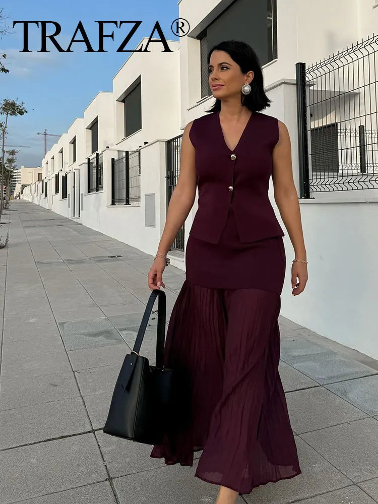 TRAFZA 2025 Women Skirt Set Wine Red Knitted V-Neck Sleeveless Slim Vest +Solid High Waist Zipper Patchwork Long Skirt Street