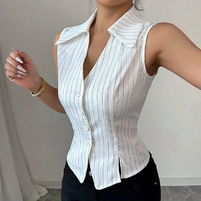 Summer minimalist striped shirt sleeveless slim fit women's thin outer top fashionable shirt