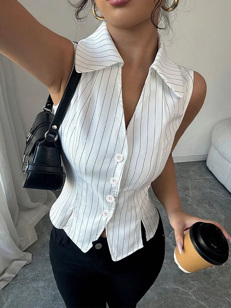 Summer minimalist striped shirt sleeveless slim fit women's thin outer top fashionable shirt