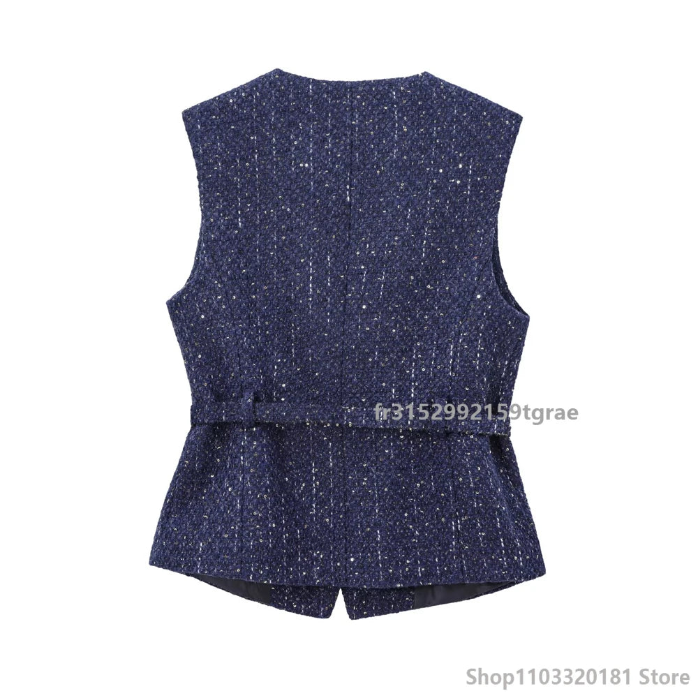 Women's Tweed Waistcoat with Belt, O Neck, Sleeveless, Front Button, Female Outerwear, Chic Tops, Fashion