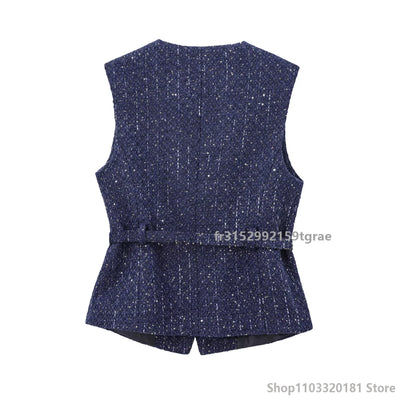 Women's Tweed Waistcoat with Belt, O Neck, Sleeveless, Front Button, Female Outerwear, Chic Tops, Fashion