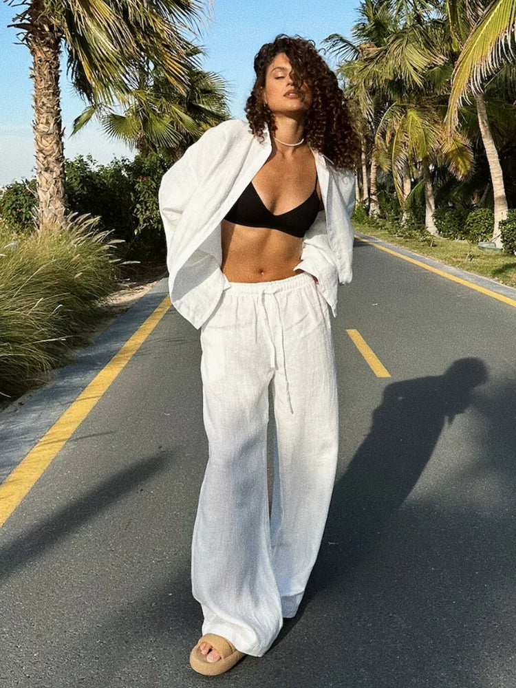 Women Casual Brown Cotton Linen Shirt Pants Suit Fashion Single Breasted Blouses Elastic Waist Pant Set 2025 Spring Loose Outfit