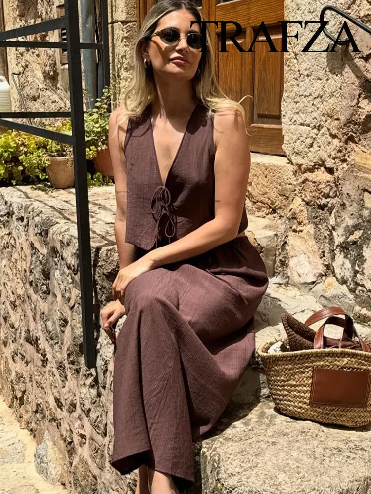 TRAFZA Damesstraatvest 2-delige set Chique V-hals Mouwloos Vetersluiting Getextureerd vest + Casual rokpak met hoge taille en trekkoord