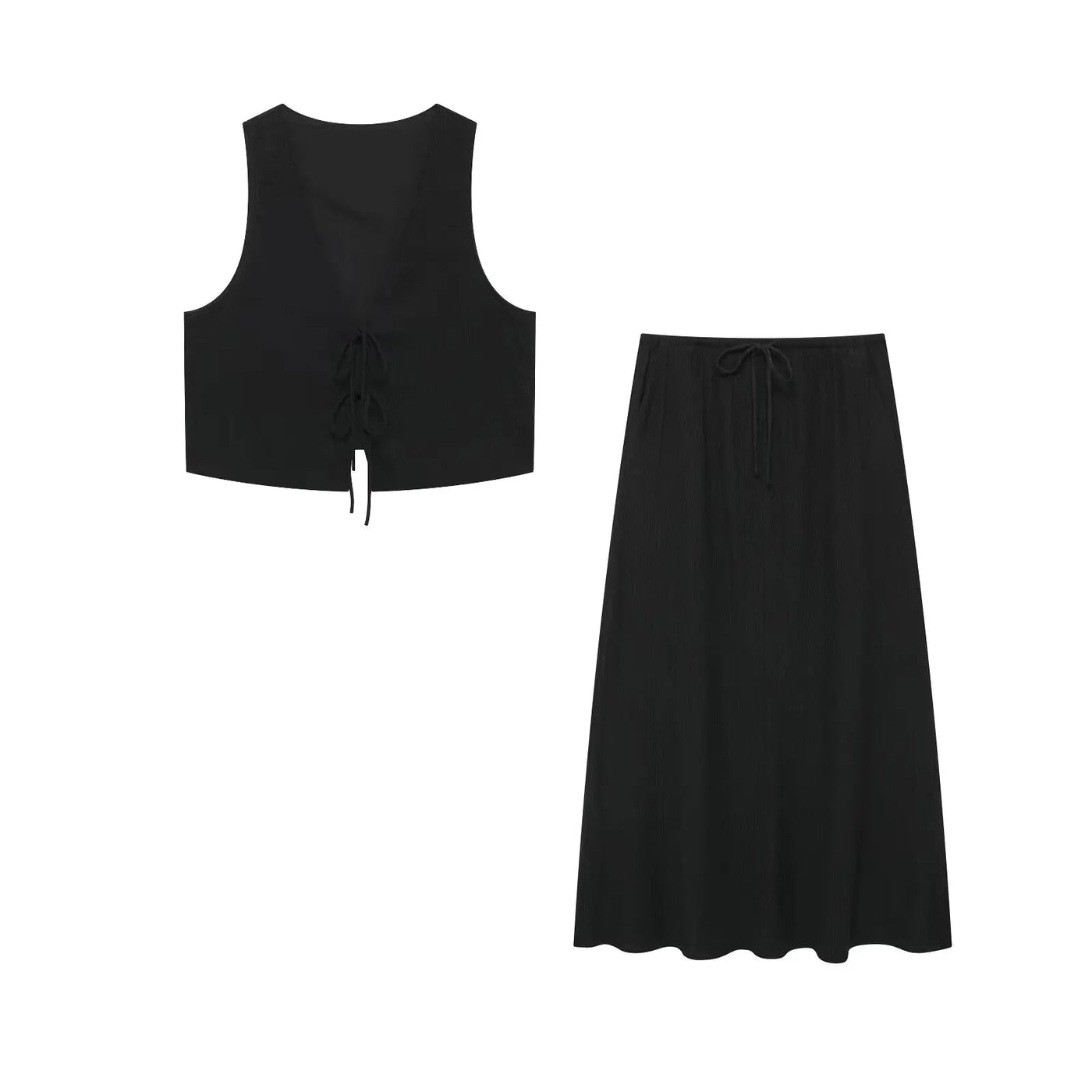 TRAFZA Damesstraatvest 2-delige set Chique V-hals Mouwloos Vetersluiting Getextureerd vest + Casual rokpak met hoge taille en trekkoord