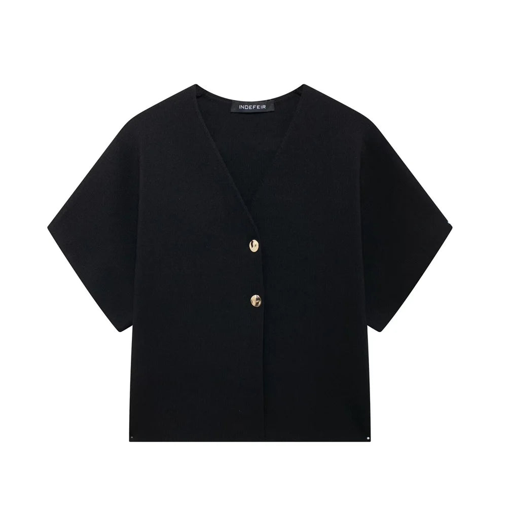 Dames Elegante V-Hals Single Breasted Gebreid Vest Dames Trui Korte Mouw Losse Cropped Vest Herfst Bovenkleding Dames