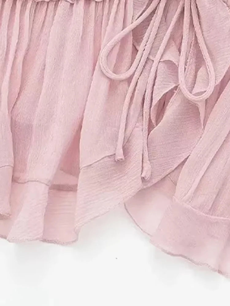 TRZA Women Fashion With Ruffled Front Tied Semi-sheer Tank Tops Sexy Backless Thin Straps Female Camis Mujer