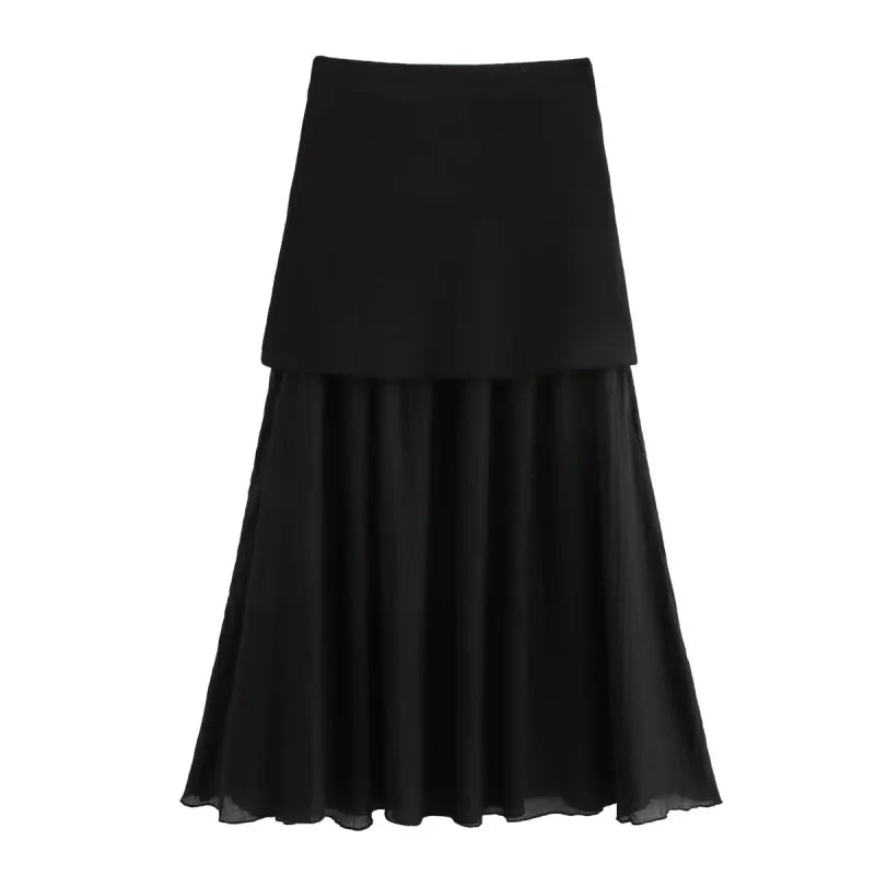 ETJ 2025 spring new TRAF women's elegant fashion same color splicing small pleated hem high waist knit skirt