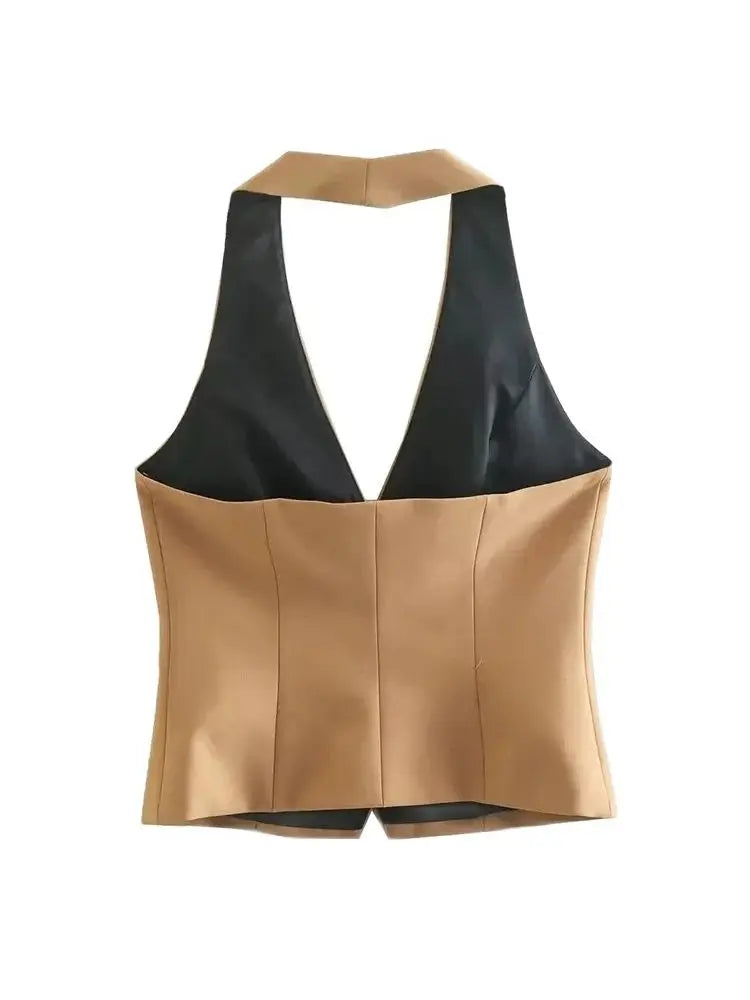TRZA-Front Button Halter Neck Waistcoat For Women, Backless Sleeveless Vest, Female Outerwear, Chic Tops, Fashion