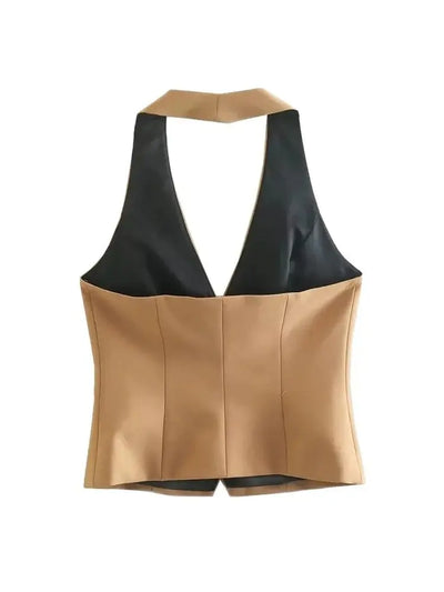 TRZA-Front Button Halter Neck Waistcoat For Women, Backless Sleeveless Vest, Female Outerwear, Chic Tops, Fashion
