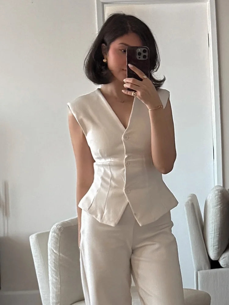 Elegant Solid Vest Trouser Suits Women Sleeveless Button V-Neck Vests Straight Wide Leg Pants Lady 2025 Fashion Office Set