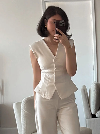 Elegant Solid Vest Trouser Suits Women Sleeveless Button V-Neck Vests Straight Wide Leg Pants Lady 2025 Fashion Office Set