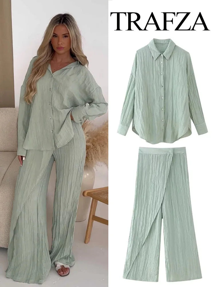 TRAFZA Fashion Wrinkle Effect Women's Casual Shirt 2-piece Set Wrap Style Hidden Button Trousers Women's Street Casual Pants