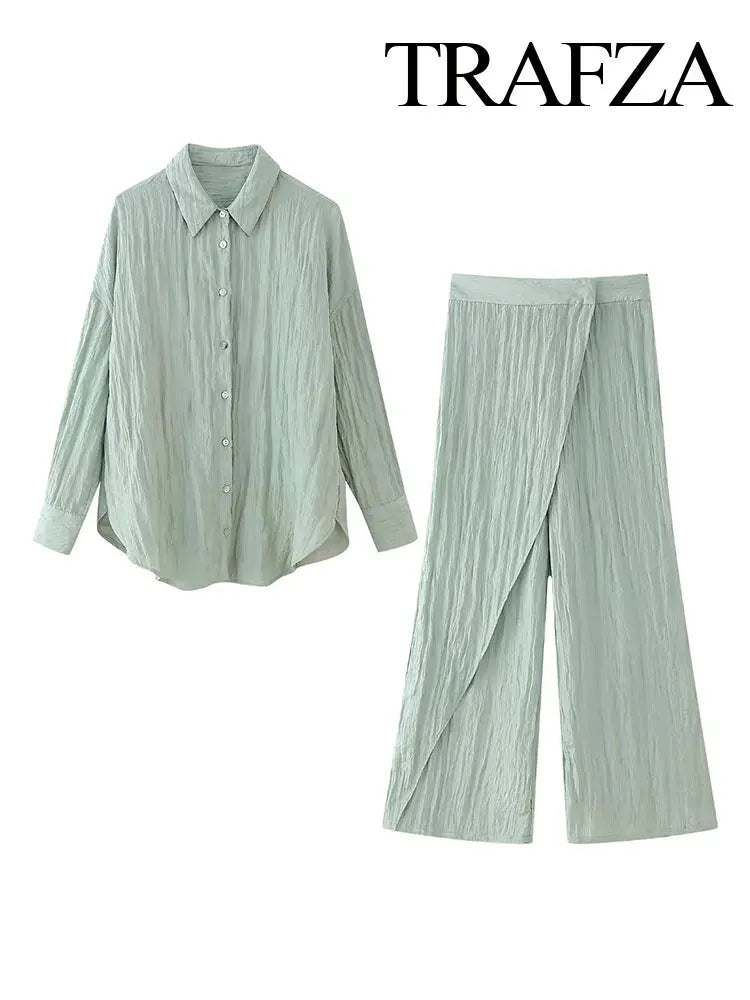 TRAFZA Fashion Wrinkle Effect Women's Casual Shirt 2-piece Set Wrap Style Hidden Button Trousers Women's Street Casual Pants