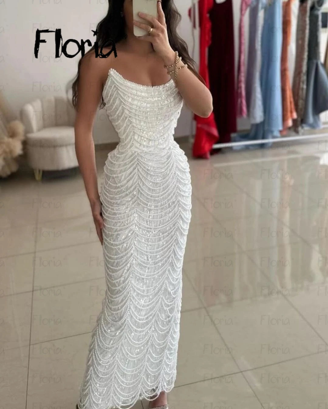 Floria White Scoop Neck Ankle Length Evening Dress Full Pearls Sequins Elegant Bride Wedding Party Gowns Custom Made Dubai 2024