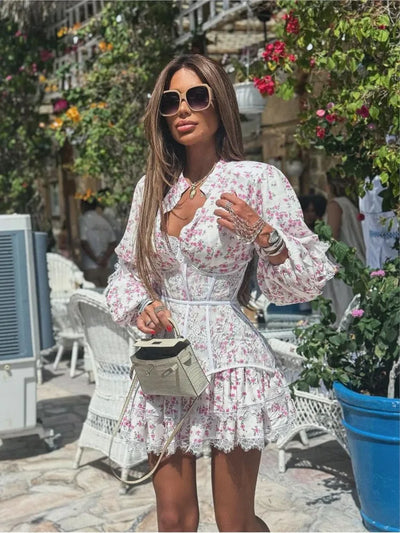 Elegant Long-sleeved Waist Dress For Ladies Spring Summer Sweet Floral Printing Lace Spliced short Party Dresses Female 2025