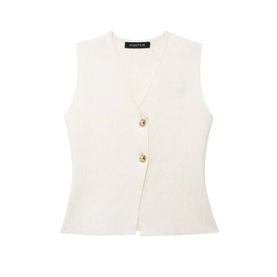 TRAFZA Women 2 Piece Set V-Neck Sleeveless Button Knitted Vest Top+Elegant Splicing High Waist Zipper Long Skirts Holiday Suits