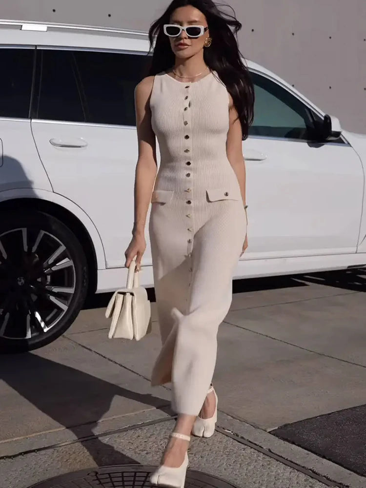 JULISSA MO Knitted Sexy High Slit Button Women Maxi Dress Apricot Sleeveless Round Neck Dress Winter Skinny Elegant Party Dress