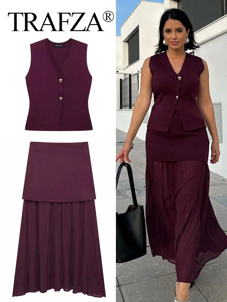 TRAFZA 2025 Women Skirt Set Wine Red Knitted V-Neck Sleeveless Slim Vest +Solid High Waist Zipper Patchwork Long Skirt Street