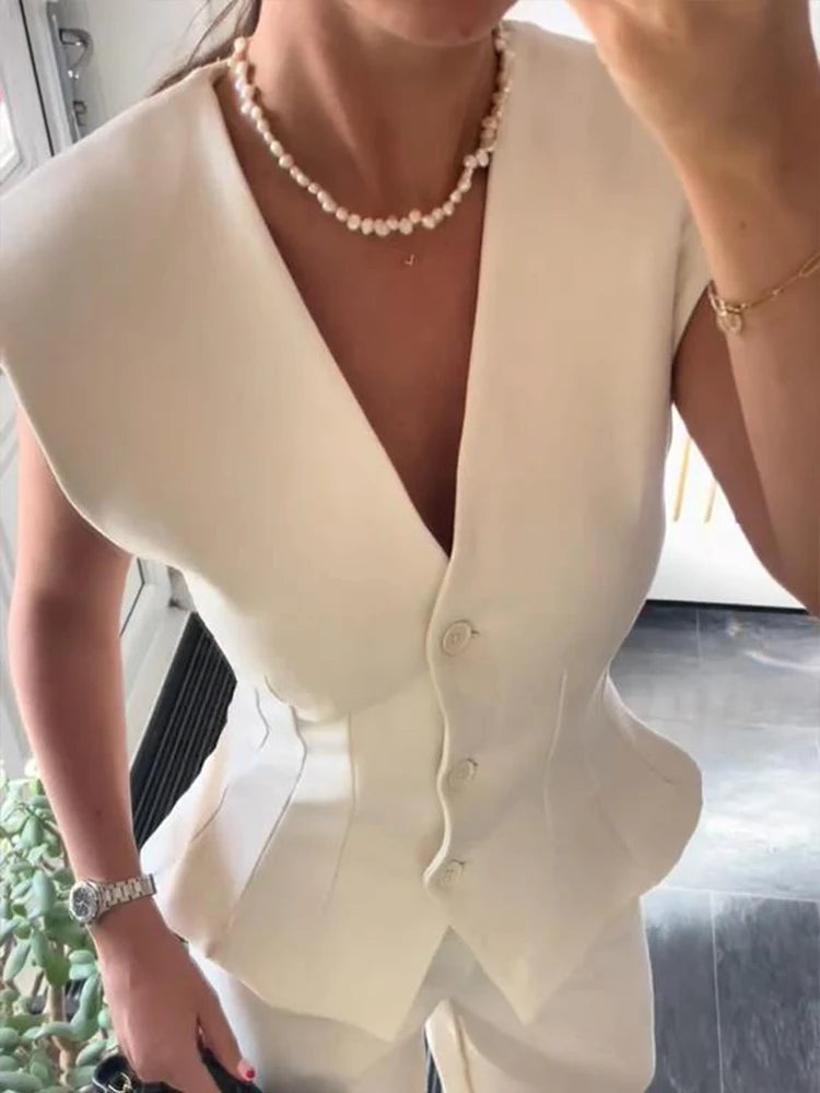 Elegant Solid Vest Trouser Suits Women Sleeveless Button V-Neck Vests Straight Wide Leg Pants Lady 2025 Fashion Office Set