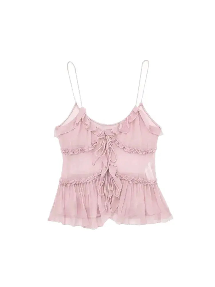 TRZA Women Fashion With Ruffled Front Tied Semi-sheer Tank Tops Sexy Backless Thin Straps Female Camis Mujer