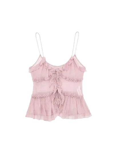 TRZA Women Fashion With Ruffled Front Tied Semi-sheer Tank Tops Sexy Backless Thin Straps Female Camis Mujer
