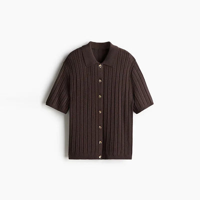 Vintage Knitted Loose Pants Set Women Brown Half Sleeve Lapel Single Breasted Cardigan Straight Trousers 2025 Fashion Solid Suit