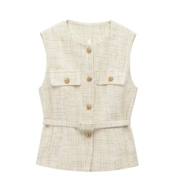 Women Sequin Vests With Belt O-neck Sleeveless Tops Solid Color Chic Coats Summer Female Button Waistcoat Elegant Streetwear