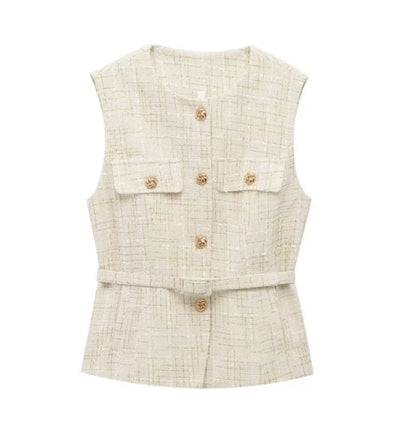 Women Sequin Vests With Belt O-neck Sleeveless Tops Solid Color Chic Coats Summer Female Button Waistcoat Elegant Streetwear