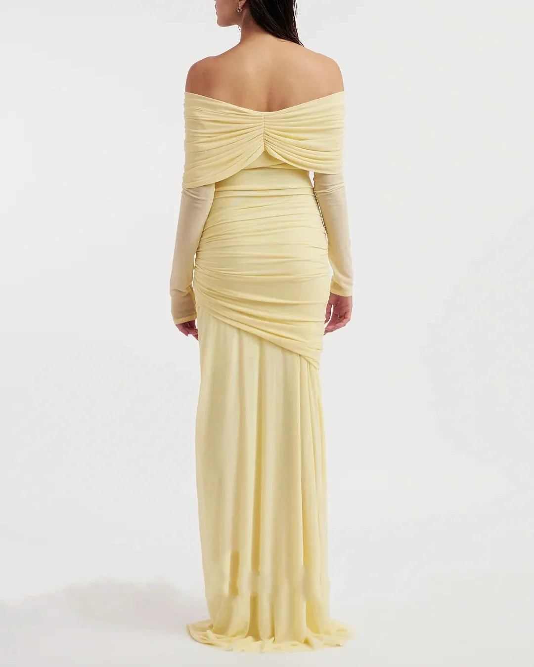 Meetlove Yellow Elegant Off-the-shoulder Formal Dresses Long Sleeves Floor Length Sheath Chiffon Customized Simple Prom Gowns