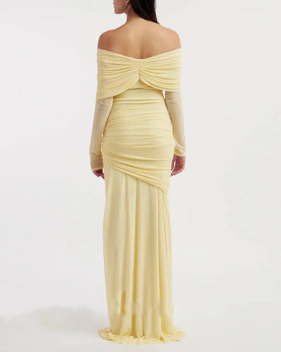 Meetlove Yellow Elegant Off-the-shoulder Formal Dresses Long Sleeves Floor Length Sheath Chiffon Customized Simple Prom Gowns