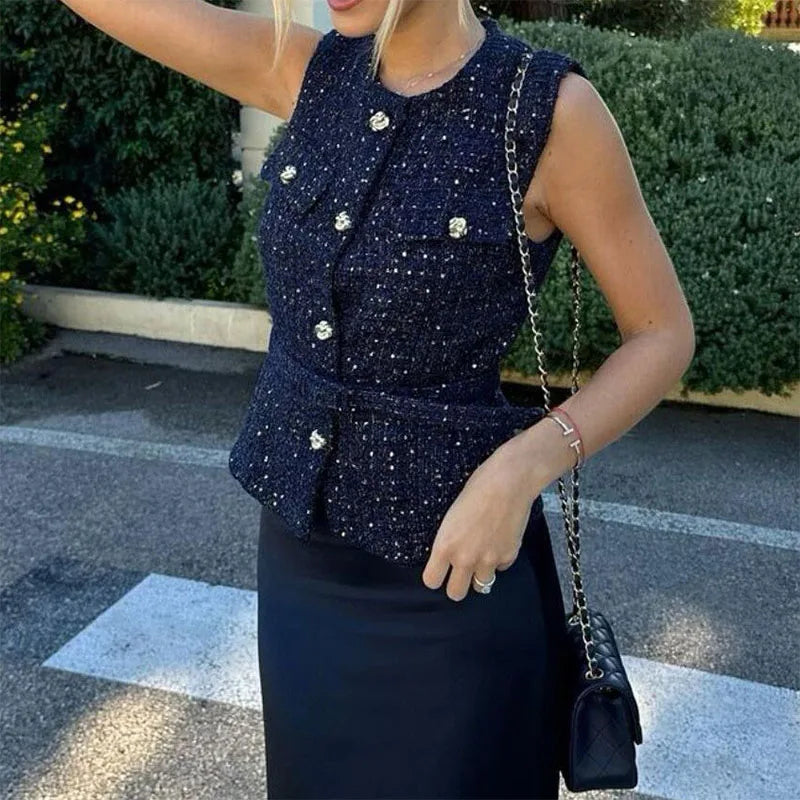 Women Sequin Vests With Belt O-neck Sleeveless Tops Solid Color Chic Coats Summer Female Button Waistcoat Elegant Streetwear