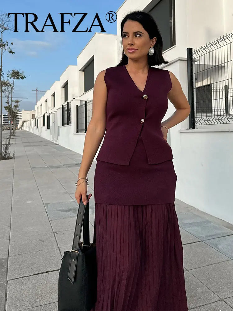 TRAFZA 2025 Women Skirt Set Wine Red Knitted V-Neck Sleeveless Slim Vest +Solid High Waist Zipper Patchwork Long Skirt Street