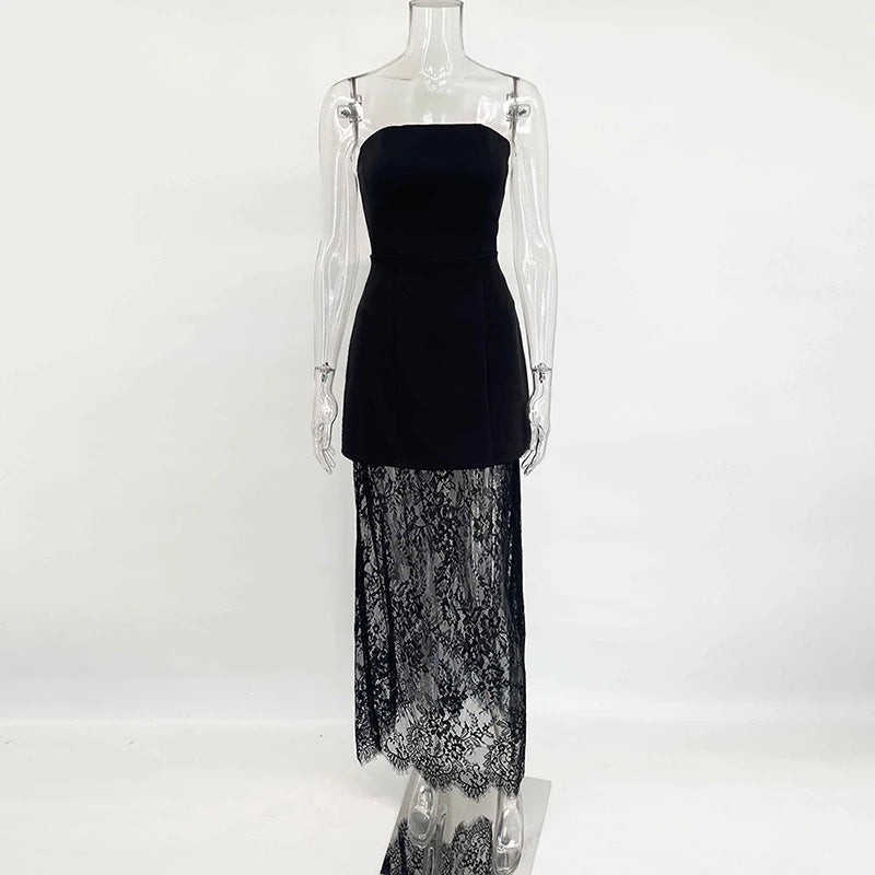 Tornova Strapless Lace Dress Sets Female Elegant Sexy Strap Vest High Waist Splice Long Skirt Ladies Slim Banquet 2 Pieces Set