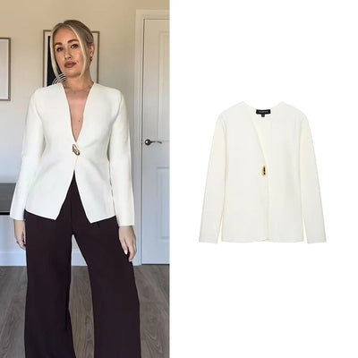 TF.MLN Women Elegant Knitted Cardigan Single Button Women V-neck Long  Sleeve Sweaters 2025 Spring New Female Solid Streetwear