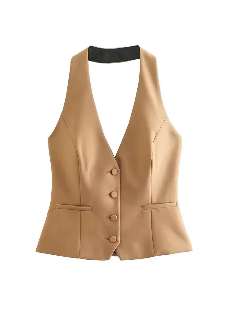 TRZA-Front Button Halter Neck Waistcoat For Women, Backless Sleeveless Vest, Female Outerwear, Chic Tops, Fashion