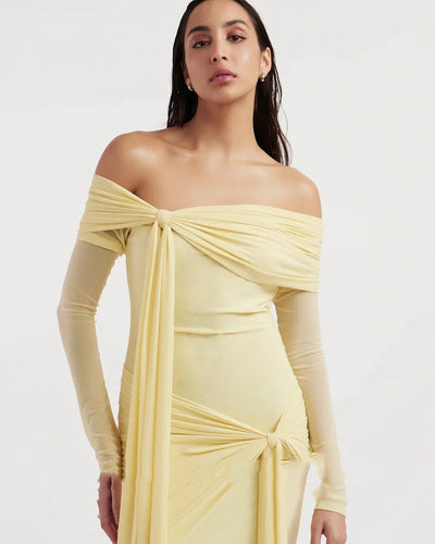 Meetlove Yellow Elegant Off-the-shoulder Formal Dresses Long Sleeves Floor Length Sheath Chiffon Customized Simple Prom Gowns