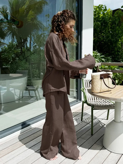 Women Casual Brown Cotton Linen Shirt Pants Suit Fashion Single Breasted Blouses Elastic Waist Pant Set 2025 Spring Loose Outfit