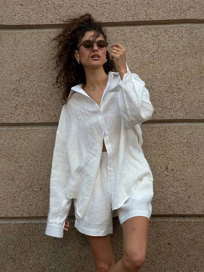 Women Casual Brown Cotton Linen Shirt Pants Suit Fashion Single Breasted Blouses Elastic Waist Pant Set 2025 Spring Loose Outfit