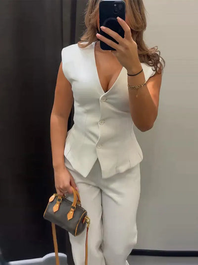 Elegant Solid Vest Trouser Suits Women Sleeveless Button V-Neck Vests Straight Wide Leg Pants Lady 2025 Fashion Office Set