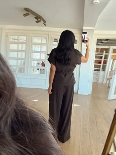 Lace Up Irregular Top Pants Suits Women Elegant V-neck Short Sleeve Belt Slim Tops High Waist Wide Leg Trousers Chic Ladies Sets