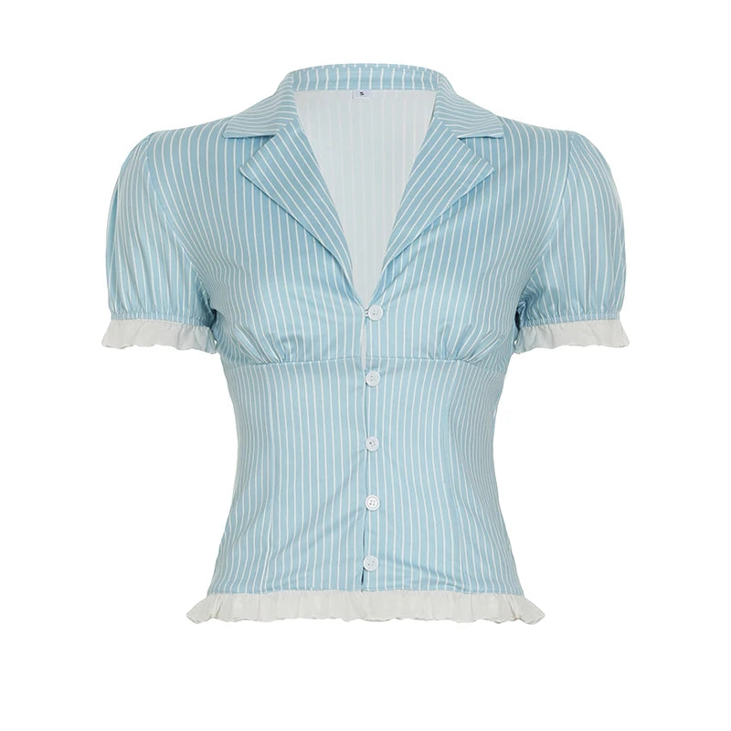 Simple Elegant Chic Striped Slim Women Shirts Summer Sweet Trim V-Neck Design Fashion Trendy Blouses