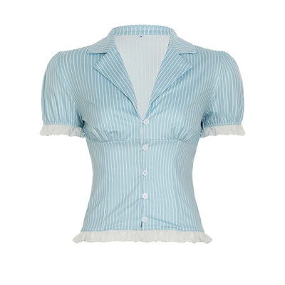 Simple Elegant Chic Striped Slim Women Shirts Summer Sweet Trim V-Neck Design Fashion Trendy Blouses