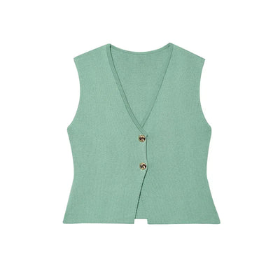 TRAFZA Women 2 Piece Set V-Neck Sleeveless Button Knitted Vest Top+Elegant Splicing High Waist Zipper Long Skirts Holiday Suits