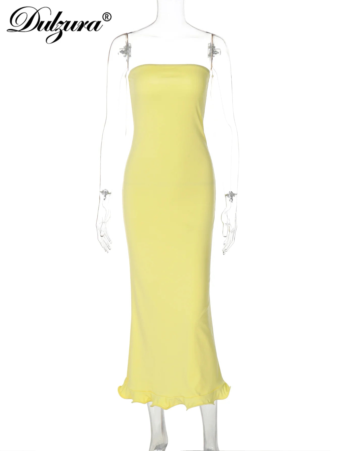 Dulzura Sleeveless Ruffles Patchwork Strapless Bodycon Midi Dress Women'S Solid Sexy Outfit Party Clubwear For Autumn Winter