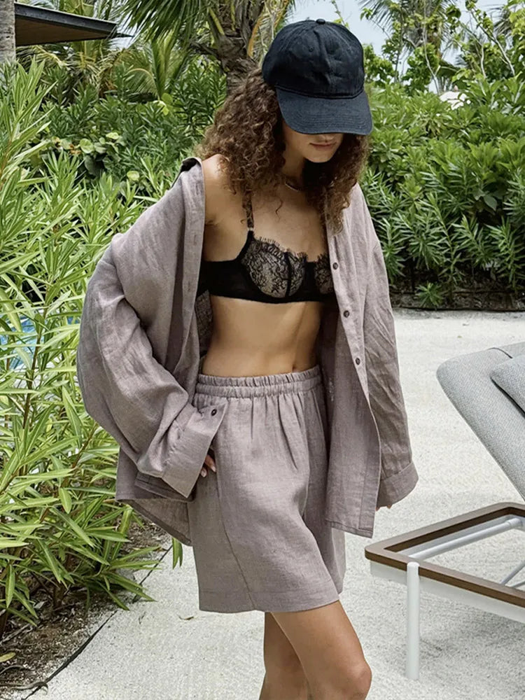 Women Casual Brown Cotton Linen Shirt Pants Suit Fashion Single Breasted Blouses Elastic Waist Pant Set 2025 Spring Loose Outfit