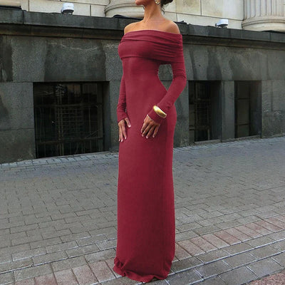 OMSJ Elegante schuine hals geplooide lange mouwen effen kleur off-shoulder basisstijl vrouwelijk casual straatclubpakket hippe lange jurk