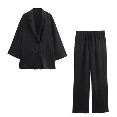 2024 Autumn Women Casual Blazer Coat Pants Set Long Sleeve Double Breasted Blazer + Wide Leg Trousers Lady Office Outfit