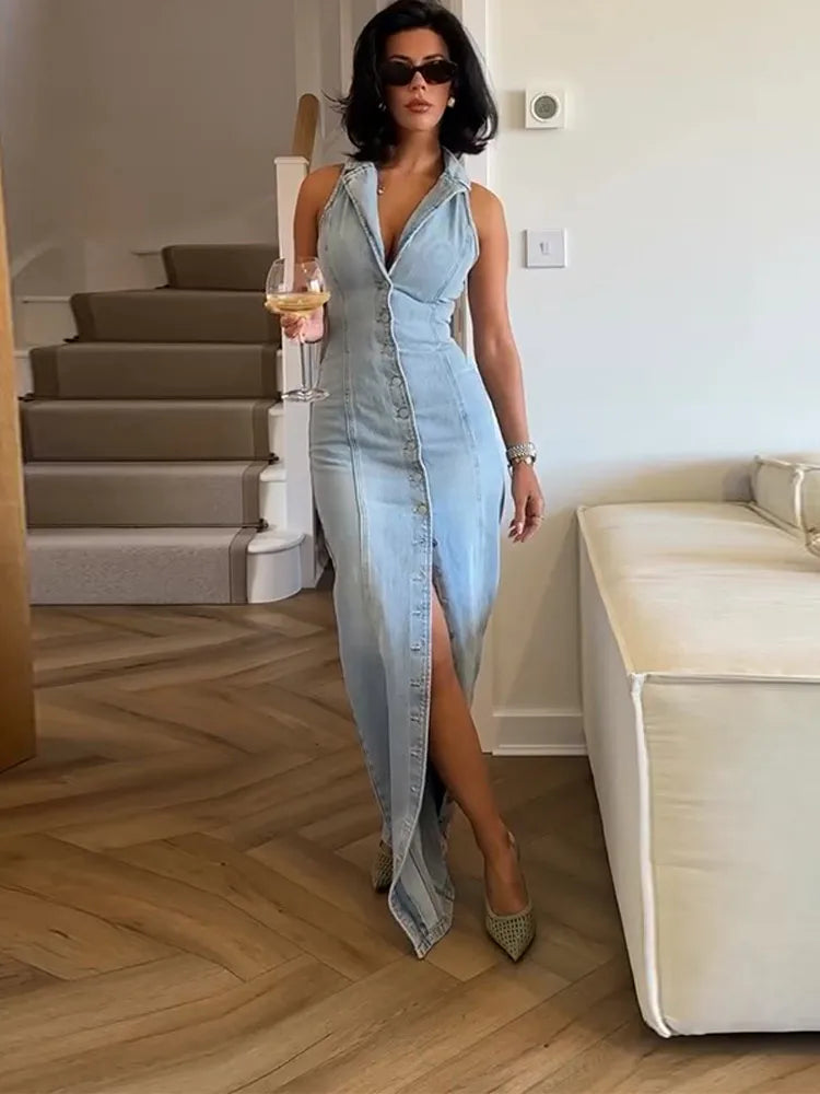 Jean Long Dress For Women Turn-down Collar Sleeveless Single Breasted Front Split Robe 2025 Summer Fashion Female Casual Dresses
